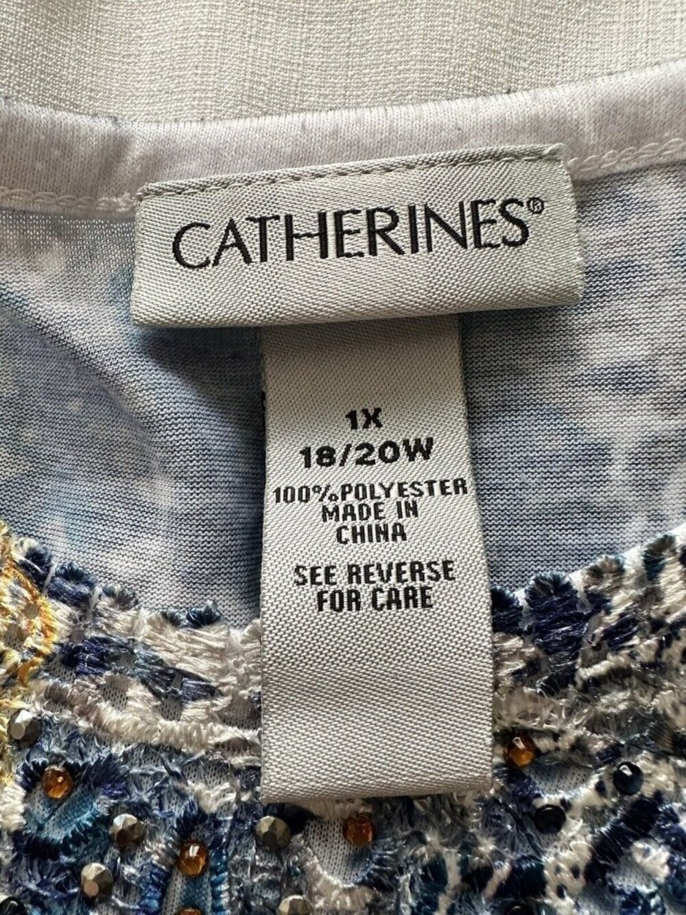Catherines Bejeweled Tunic Top 3/4 Sleeve Blue Gold Grey SZ 1X Plus Boho Cottage - Picture 7 of 8